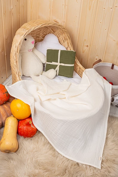 Luckka 2 Katlı Müslin Örtü , Oyuncak , Müslin Önlük Seti 75x75 cm - ZTCRINKLE Yeşil-Krem - 3
