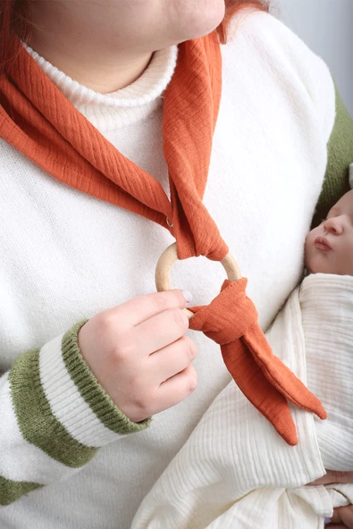 Luckka Çok Amaçlı Müslin Oyuncak , Diş Kaşıyıcı , Puset Oyuncağı , Emzik Tutacağı , Fular - ZTCRINKLETOY Kiremit - 4