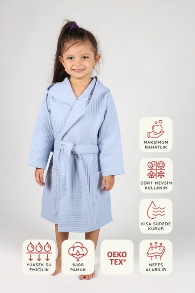 Luckka Pike Çocuk Bornoz Waffle Kumaş - ZTWAF00  2-4 Yaş Mavi