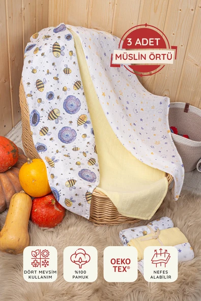 LUCKKA 3'lü Çok Amaçlı Müslin Örtü Seti - 75x75 cm - ZTC200  Sarı
