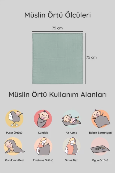 LUCKKA 3'lü Çok Amaçlı Müslin Örtü Seti - 75x75 cm - ZTC200 Yeşil - 5