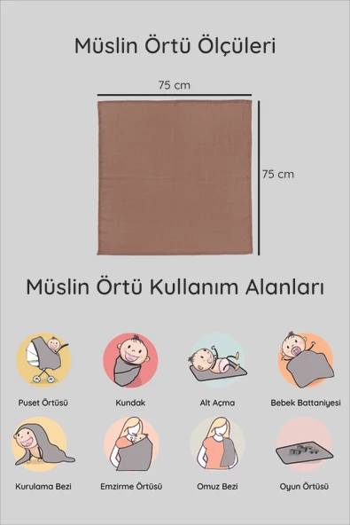 LUCKKA 3'lü Çok Amaçlı Müslin Örtü Seti - 75x75 cm - ZTC200 Kahverengi - 5