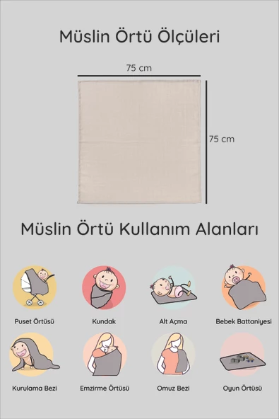 LUCKKA 3'lü Çok Amaçlı Müslin Örtü Seti - 75x75 cm - ZTC200 Ekru - 5