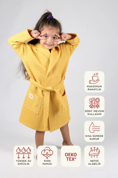 Luckka Pike Çocuk Bornoz Waffle Kumaş - ZTWAF00  10-12 Yaş Sarı
