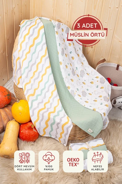 LUCKKA 3'lü Çok Amaçlı Müslin Örtü Seti - 75x75 cm - ZTC200 Yeşil