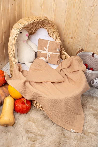 Luckka 2 Katlı Müslin Örtü , Oyuncak , Müslin Önlük Seti 75x75 cm - ZTCRINKLE Kahve-Krem - 2