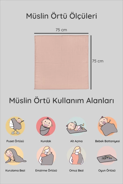 LUCKKA 3'lü Çok Amaçlı Müslin Örtü Seti - 75x75 cm - ZTC200 Bej - 5