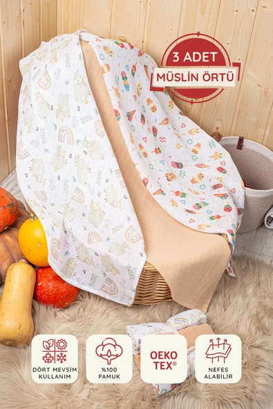 LUCKKA 3'lü Çok Amaçlı Müslin Örtü Seti - 75x75 cm - ZTC200 Bej