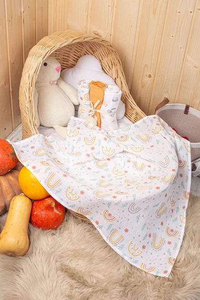 LUCKKA 3'lü Çok Amaçlı Müslin Örtü Seti - 75x75 cm - ZTC200 Turuncu - 2