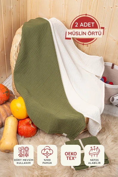 Luckka 2 Katlı Müslin Örtü , Oyuncak , Müslin Önlük Seti 75x75 cm - ZTCRINKLE Yeşil-Krem