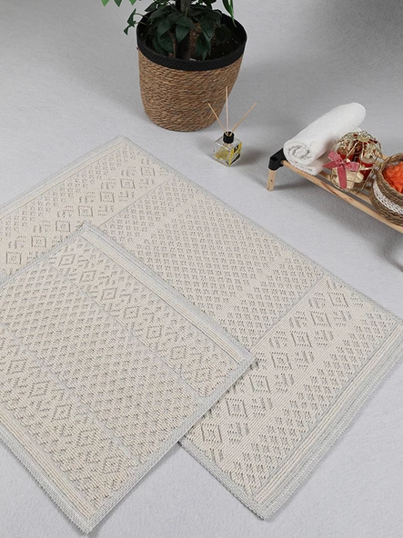 Naturel Pamuklu Kilim Yıkanabilir Banyo Paspası Seti 2'li Klozet Takımı 60x100-50x60cm 7020 Bej - 3