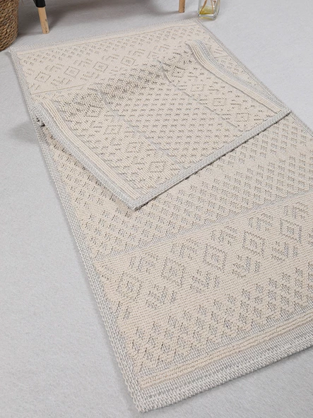 Naturel Pamuklu Kilim Yıkanabilir Banyo Paspası Seti 2'li Klozet Takımı 60x100-50x60cm 7020 Bej - 2