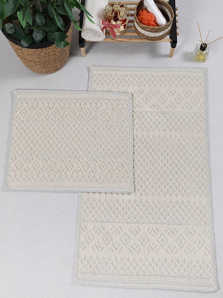 Naturel Pamuklu Kilim Yıkanabilir Banyo Paspası Seti 2'li Klozet Takımı 60x100-50x60cm 7020 Bej - 4