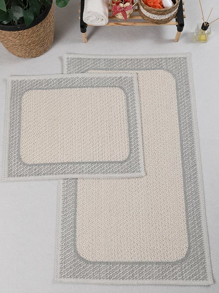 Naturel Pamuklu Kilim Yıkanabilir Banyo Paspası Seti 2'li Klozet Takımı 60x100-50x60cm 7034 - 4