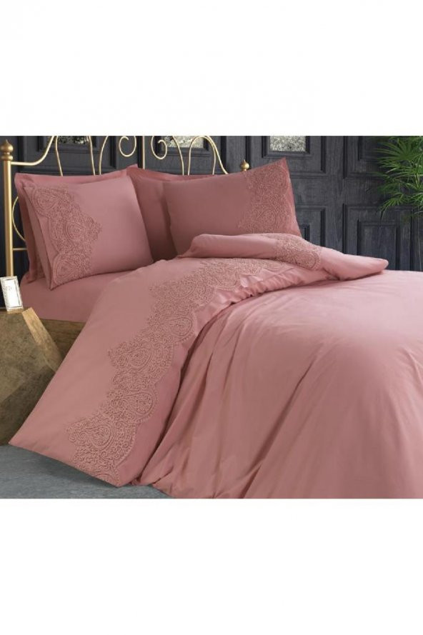 Fransız Güpürlü Deren Çift Kişilik Nevresim Takımı Pudra - Resim 3