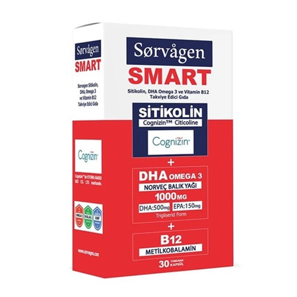 Sorvagen SMART 30 Kapsül ( Sitikolin DHA Omega 3 ve B12 İçeren Takviye Edici Gıda )