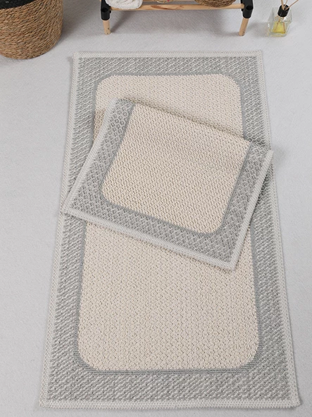 Naturel Pamuklu Kilim Yıkanabilir Banyo Paspası Seti 2'li Klozet Takımı 60x100-50x60cm 7034 - 2