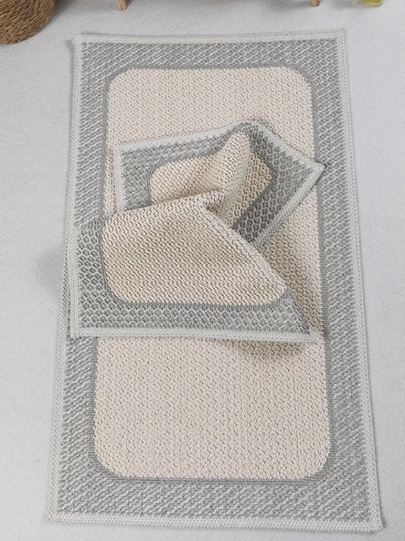 Naturel Pamuklu Kilim Yıkanabilir Banyo Paspası Seti 2'li Klozet Takımı 60x100-50x60cm 7034 - 6