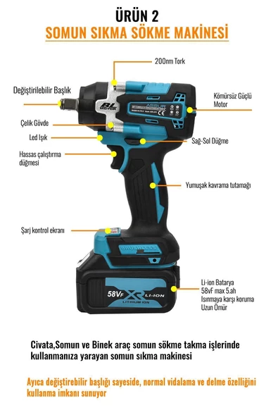 prohummer Akülü Ekinler El Aletleri Asr1041 Akülü 4lü Makine Seti 58vf 5,5-6 2 Yıl SDS Plus - 3