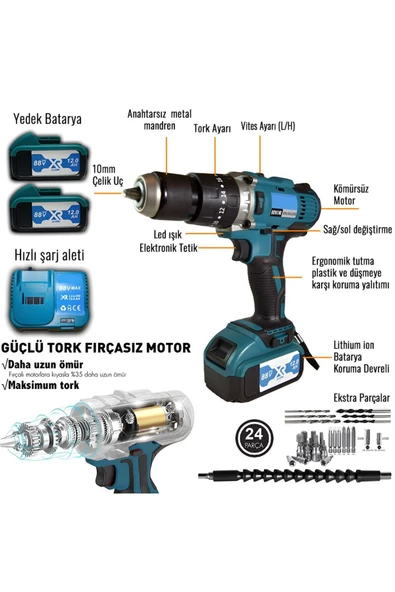 prohummer PH-SM022 88vf Darbeli Çift Akülü Vidalama Matkap Seti (Mavi) - 2