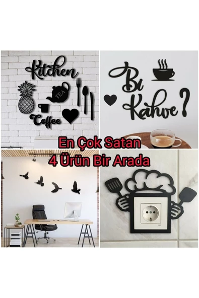 TVS LAZER TASARIM Kitchen 9 Parça + Mutfak Priz + Bi Kahve + 4'lü Kuş Duvar Dekoru 4 Ürün 1 Arada