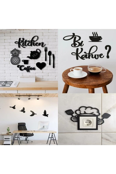 TVS LAZER TASARIM 4 ÜRÜN 1 ARADA Kitchen 9 Parça + Mutfak Priz + Bi Kahve + 4'lü Kuş Duvar Dekoru 4 Ürün 1 Arada