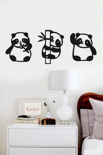TVS LAZER TASARIM Panda 3 Lü Ahşap Duvar Dekoru Tablo Siyah
