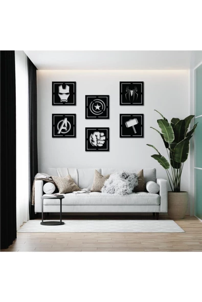TVS LAZER TASARIM Ahşap Avengers Kahramanları Serisi 6'lı Set Dekoratif Tablo B57