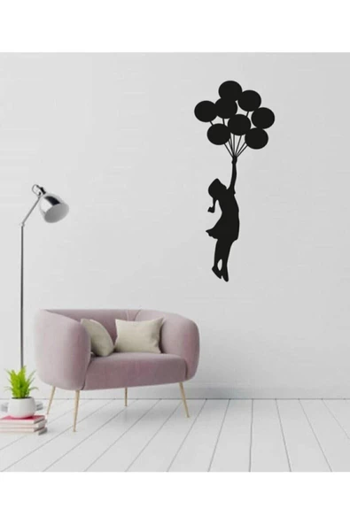 TVS LAZER TASARIM Lazer Kesim Dekoratif Tablo Ahşap Duvar Süsü Uçan Balonlu Kız Çocuk