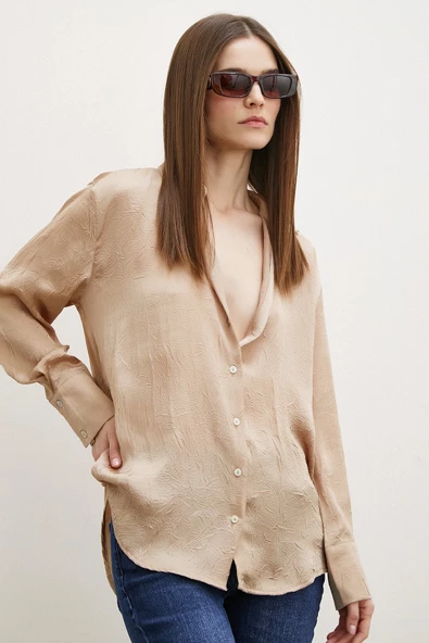 Kraşlı Saten Gömlek Vizon - Resim 4