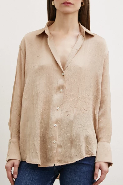 Kraşlı Saten Gömlek Vizon - Resim 5