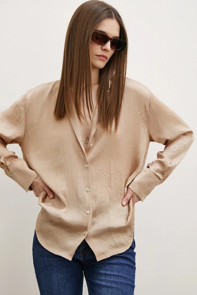 Kraşlı Saten Gömlek Vizon - Resim 3