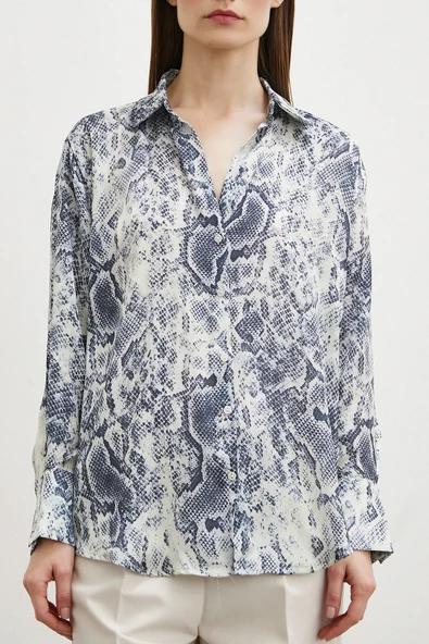 Yılan Desen Saten Gömlek Gri - Resim 2