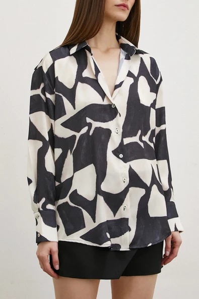 V Yaka Taş Desen Gömlek Siyah - Resim 2