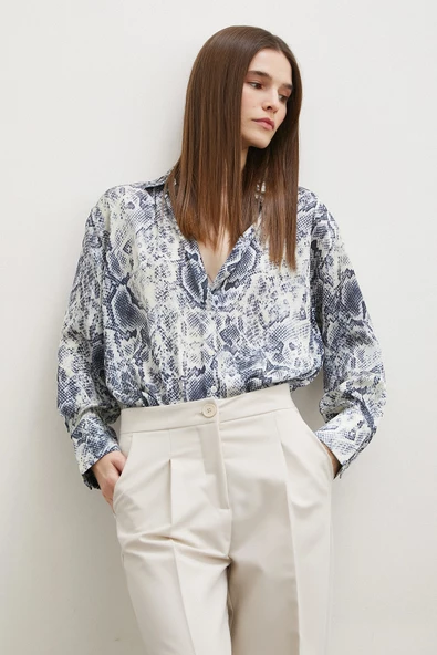 Yılan Desen Saten Gömlek Gri - Resim 5