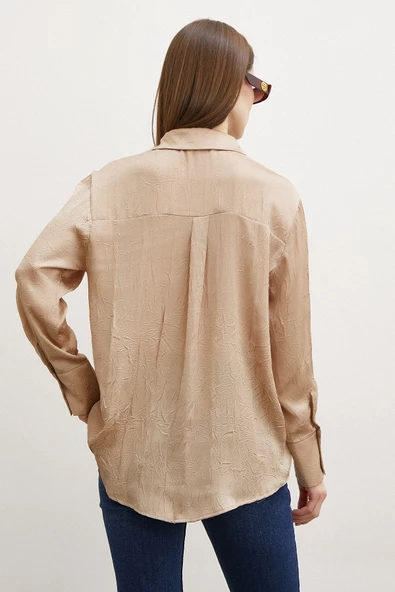 Kraşlı Saten Gömlek Vizon - Resim 6