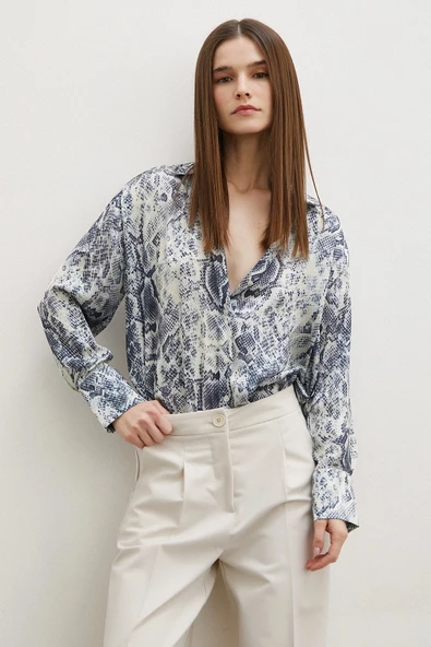 Yılan Desen Saten Gömlek Gri - Resim 6