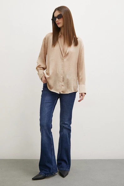 Kraşlı Saten Gömlek Vizon - Resim 2