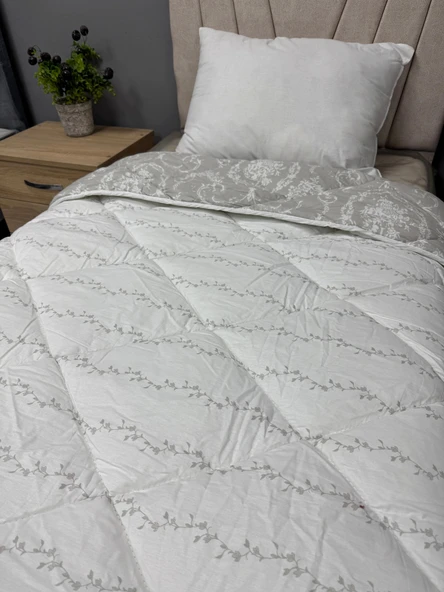 Clasy %100 Pamuk Ranforce Tek kişilik Yorgan Çift Taraflı Asrt Gri Çiçekli Desen - 2