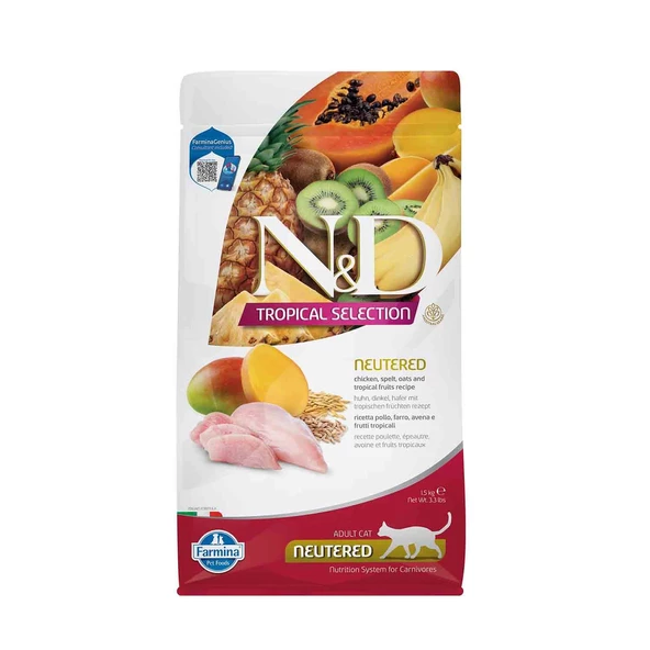 N&D Tropical Düşük Tahıllı Tavuklu ve Tropikal Meyveli Kısırlaştırılmış Kedi Maması 1,5kg