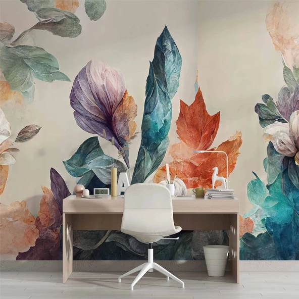 3 Boyutlu Pembe Çiçek Yeşil Yaprak Çizim Temalı Duvar Kağıdı - Resim 4