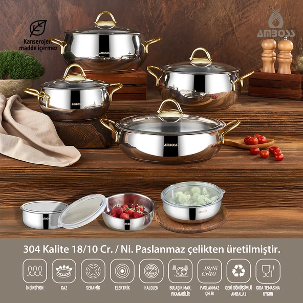 14 Parça Hot Prime İndüksiyon Uyumlu Paslanmaz Çelik Tencere Seti & Çelik Saklama Kabı