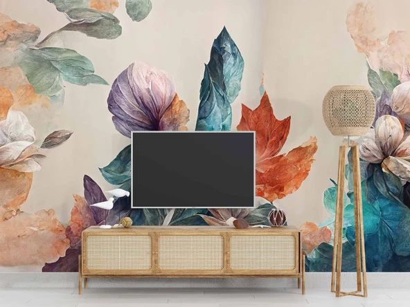 3 Boyutlu Pembe Çiçek Yeşil Yaprak Çizim Temalı Duvar Kağıdı - Resim 3