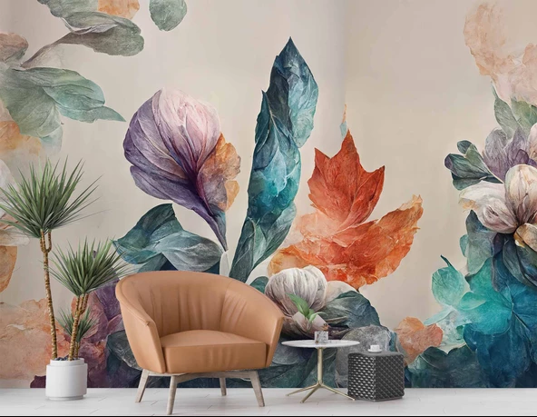 3 Boyutlu Pembe Çiçek Yeşil Yaprak Çizim Temalı Duvar Kağıdı - Resim 6