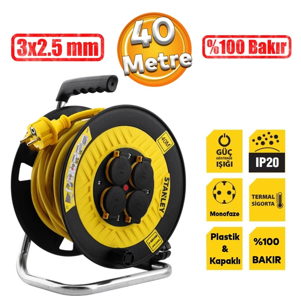 Plastik Makaralı Seyyar %100 Bakır Kablo 4 Prizli 40 Metre Kapaklı Uzatma Kablosu 3x2.5 mm H05VV-F