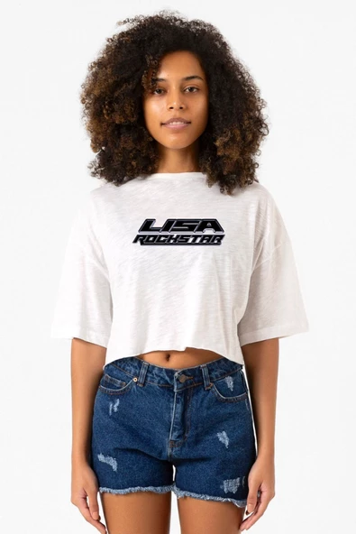 Lisa Rockstar Beyaz Kırçıllı Kadın Crop Tshirt ürün görseli 1
