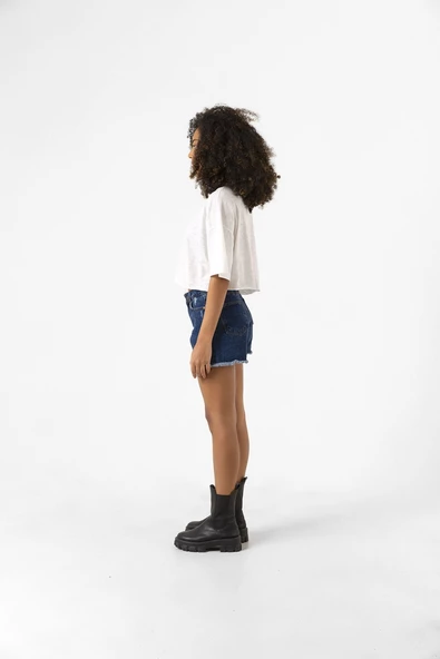 Lisa Rockstar Beyaz Kırçıllı Kadın Crop Tshirt - Resim 3