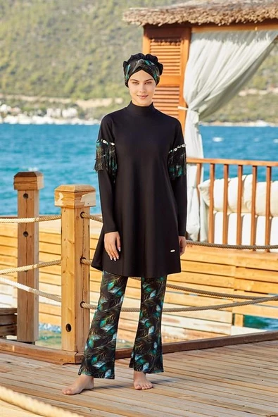 Adasea 4255 Siyah Lycralı Tasarım Tesettür Mayo - Resim 3