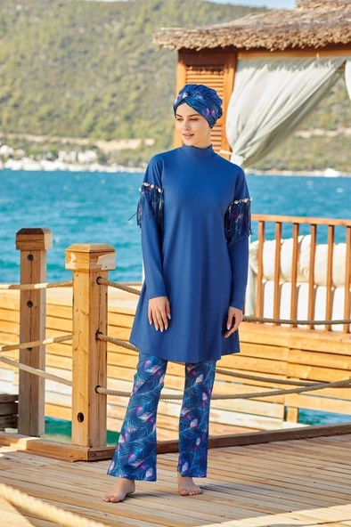 Adasea 4255 A. Lacivert Lycralı Tasarım Tesettür Mayo - 4