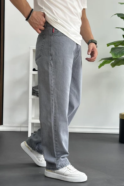 Erkek Baggy Kalıp Premium Düz Jean Pantolon Gri Edw182 - 3
